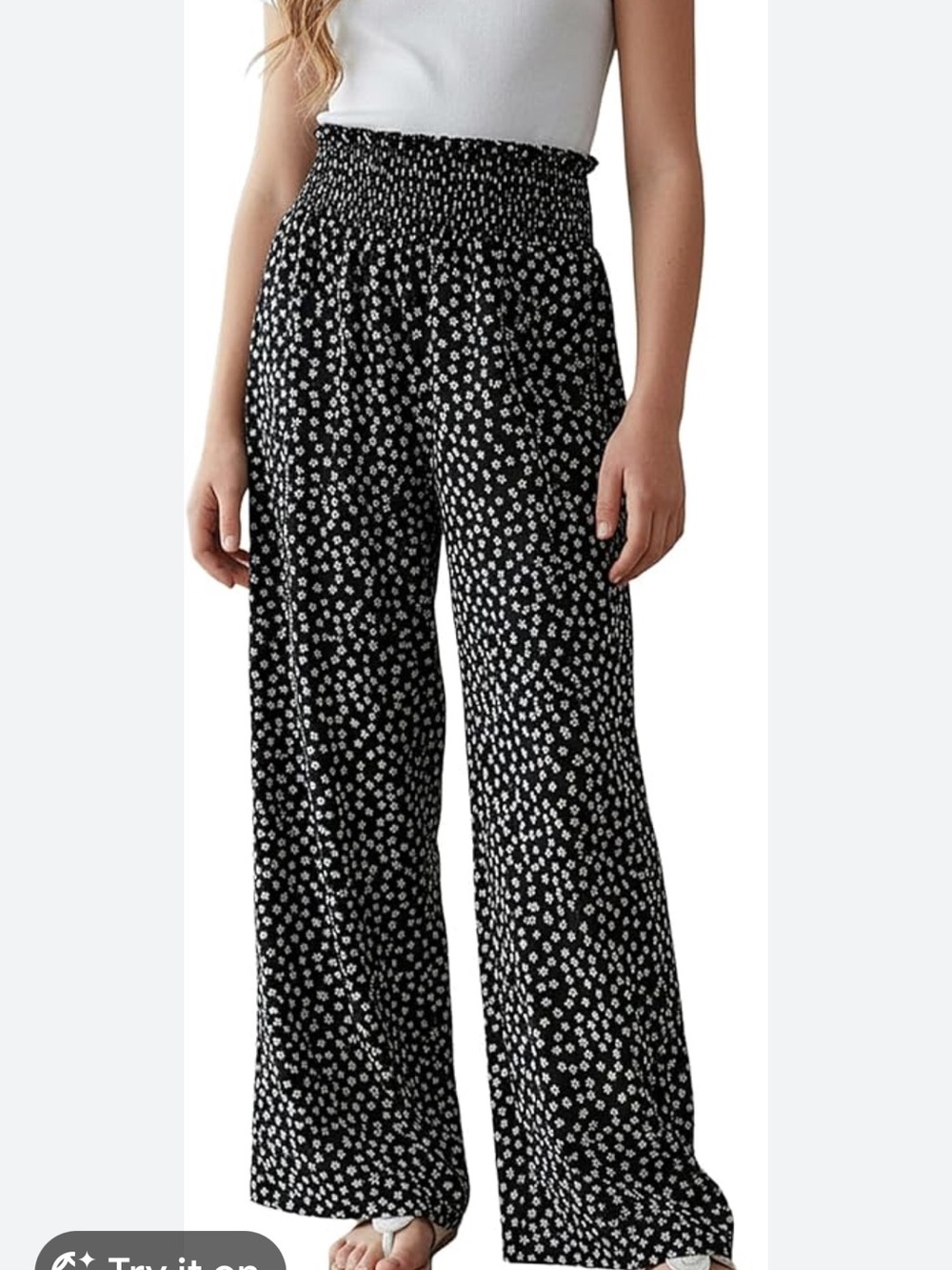 SO Black Wide-Leg Pants with White Floral Print